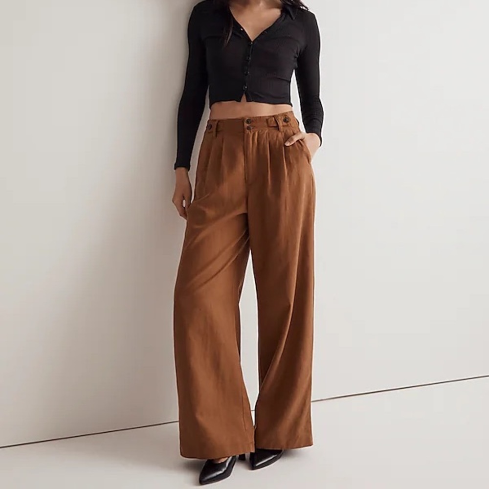 Madewell The Harlow Wide Leg Pant Womens 12 Brown Linen Blend Pleated Lagenlook